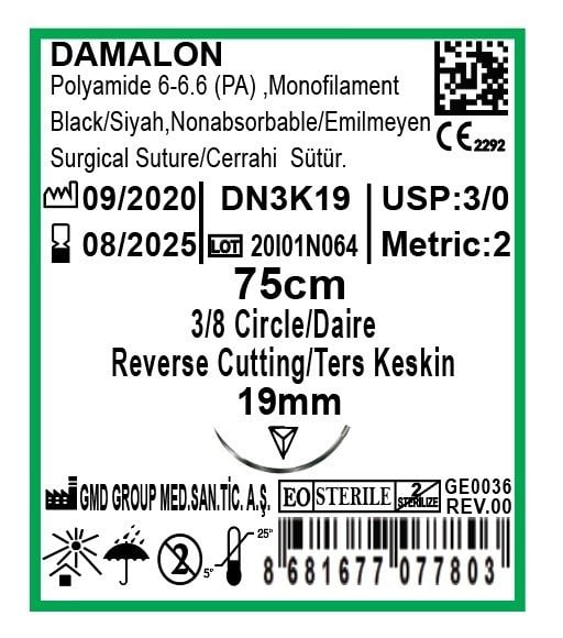 Cerrahi Sütür - Emilmeyen Ameliyat İpliği - Damalon PA İplik - USP:3-0 - 75 cm - 3/8 Daire 19 mm - Ters Keskin İğne