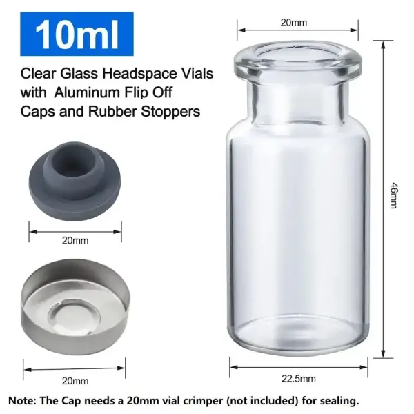 Borox Kapaklı Tıpalı Cam Şişe 10ml - Crimp Vial ND20 - Şeffaf - Dibi Düz - 100 Adet/Paket