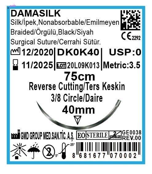 Damasilk Cerrahi Sütür - Emilmeyen Dikiş İpliği - İpek İplik - USP:0 - 75 cm - 3/8 Daire 40 mm - Ters Keskin İğne