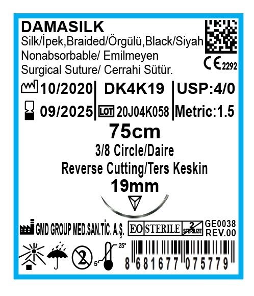 Damasilk Cerrahi Sütür - Emilmeyen Dikiş İpliği - İpek İplik - USP:4-0 - 75 cm - 3/8 Daire 19 mm - Ters Keskin İğne