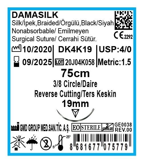 Damasilk Cerrahi Sütür - Emilmeyen Dikiş İpliği - İpek İplik - USP:4-0 - 75 cm - 3/8 Daire 19 mm - Ters Keskin İğne