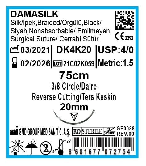 Damasilk Cerrahi Sütür - Emilmeyen Dikiş İpliği - İpek İplik - USP:4-0 - 75 cm - 3/8 Daire 20 mm - Ters Keskin İğne