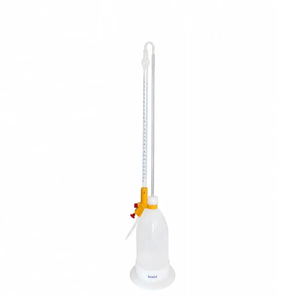 Borox Şilling Büret 10ml - Şelbah Çizgili - Otomatik Cam Büret Şeffaf - Class AS Sertifikalı - Mavi Skala - Burette Schilling with Schellbach Stripe