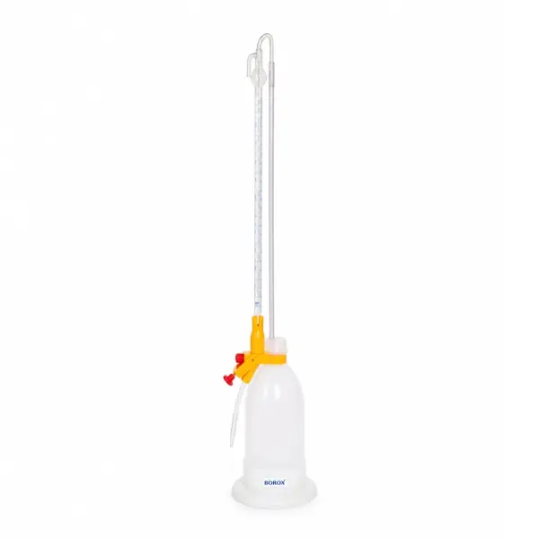 Borox Şilling Büret 25ml - Şelbah Çizgili - Otomatik Cam Büret Şeffaf - Class AS Sertifikalı - Mavi Skala - Burette Schilling with Schellbach Stripe