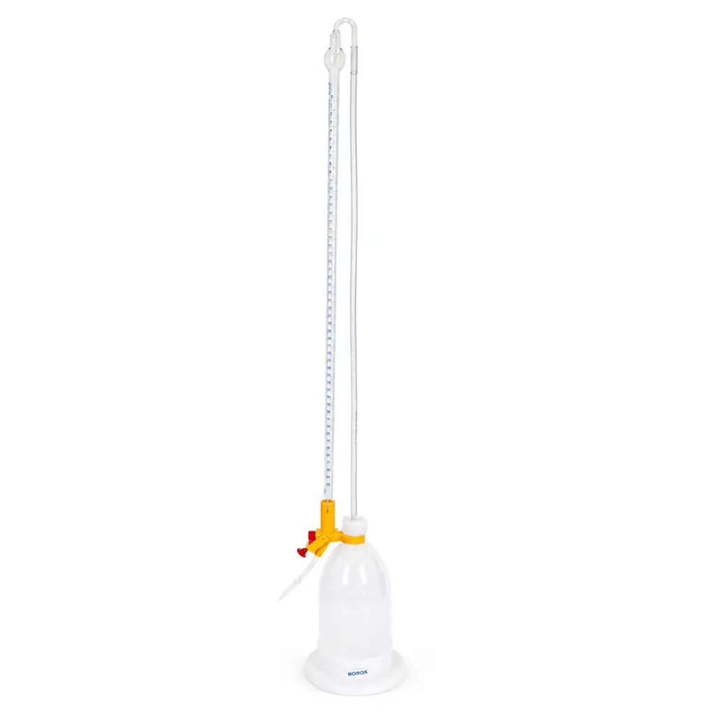 Borox Şilling Büret 50ml - Şelbah Çizgili - Otomatik Cam Büret Şeffaf - Class AS Sertifikalı - Mavi Skala - Burette Schilling with Schellbach Stripe