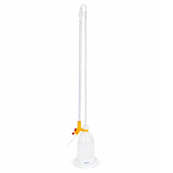 Borox Şilling Büret 50ml - Şelbah Çizgili - Otomatik Cam Büret Şeffaf - Class AS Sertifikalı - Mavi Skala - Burette Schilling with Schellbach Stripe