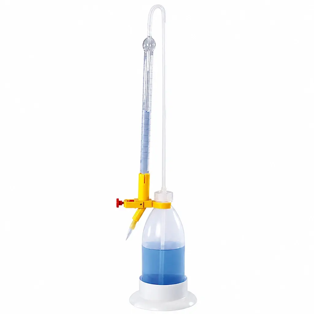 Borox Şilling Büret 50ml - Şelbah Çizgili - Otomatik Cam Büret Şeffaf - Class AS Sertifikalı - Mavi Skala - Burette Schilling with Schellbach Stripe