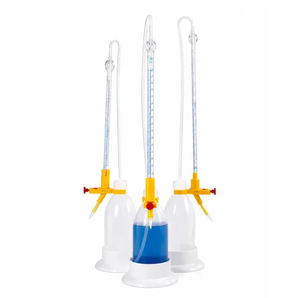 Borox Şilling Büret 50ml - Şelbah Çizgili - Otomatik Cam Büret Şeffaf - Class AS Sertifikalı - Mavi Skala - Burette Schilling with Schellbach Stripe