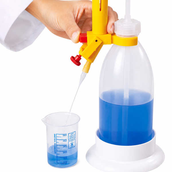 Borox Şilling Büret 50ml - Şelbah Çizgili - Otomatik Cam Büret Şeffaf - Class AS Sertifikalı - Mavi Skala - Burette Schilling with Schellbach Stripe