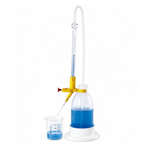 Borox Şilling Büret 50ml - Şelbah Çizgili - Otomatik Cam Büret Şeffaf - Class AS Sertifikalı - Mavi Skala - Burette Schilling with Schellbach Stripe
