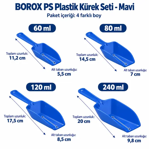 Borox Plastik Kürek Seti - 4lü Tartı Küreği - Mavi - Numune Küreği