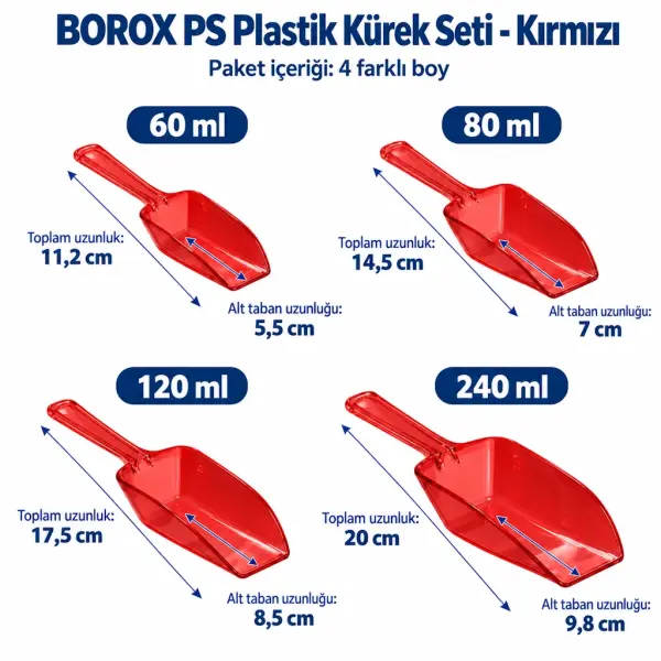 Borox Plastik Kürek Seti - 4lü Tartı Küreği - Kırmızı - Numune Küreği