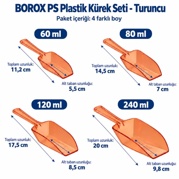 Borox Plastik Kürek Seti - 4lü Tartı Küreği - Turuncu - Numune Küreği
