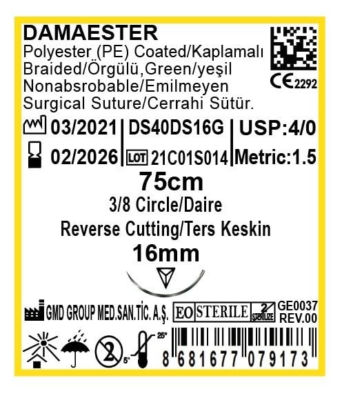 Damaester Cerrahi Sütür - Emilmeyen Ameliyat İpliği - PE İp - USP:4-0 - 75 cm - 3/8 Daire 16 mm - Ters Keskin İğne