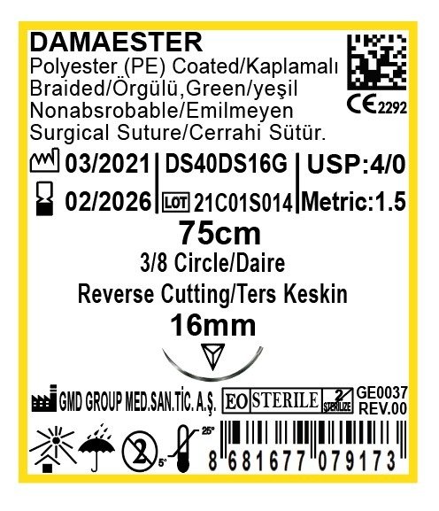 Damaester Cerrahi Sütür - Emilmeyen Ameliyat İpliği - PE İp - USP:4-0 - 75 cm - 3/8 Daire 16 mm - Ters Keskin İğne