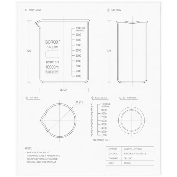 Borox Cam Beher 10000 ml - Kısa Form Isıya Dayanıklı Beaker