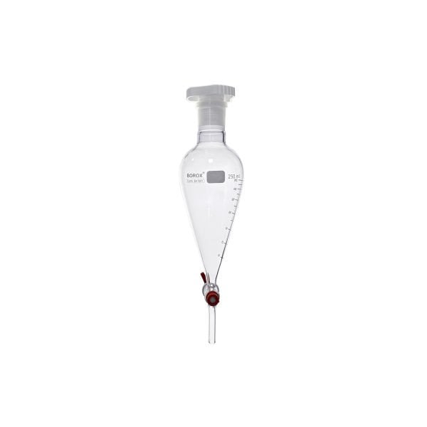 Borox Cam Ayırma Hunisi 250 ml - Konik Tip - Teflon Musluklu Tıpalı - Hacim Ölçekli