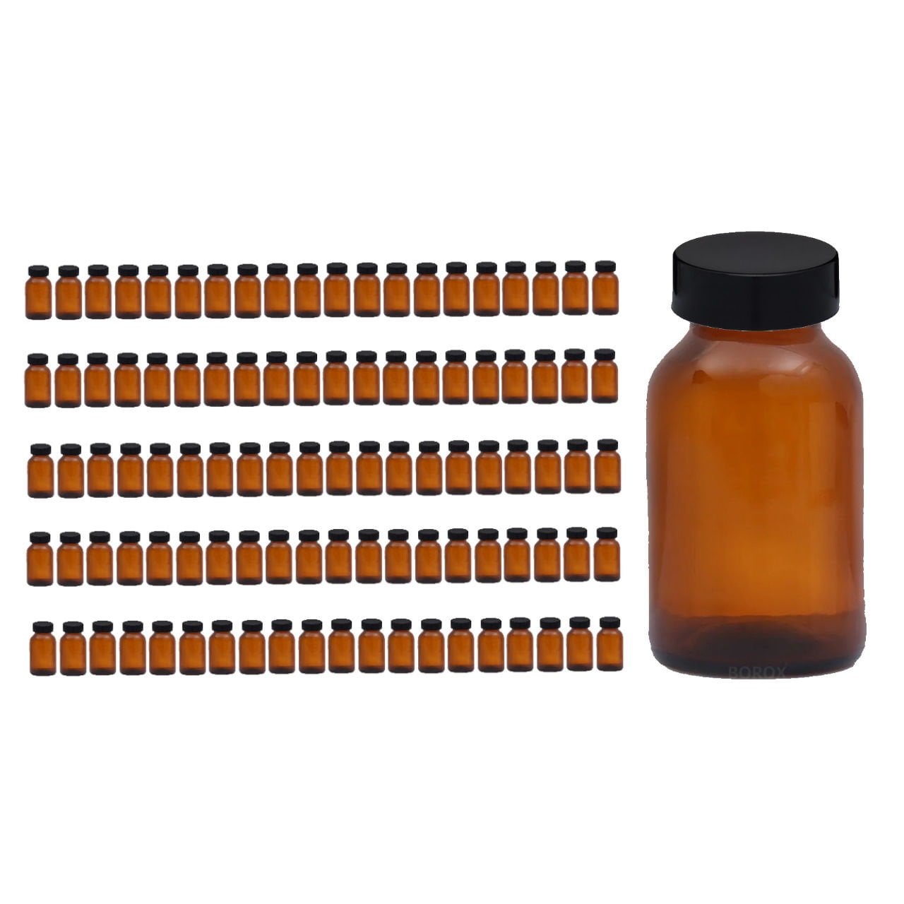 Borox Amber Cam Şişe Geniş Ağız 200 ml - Siyah Kapaklı Şişe - 100 Adet Toptan