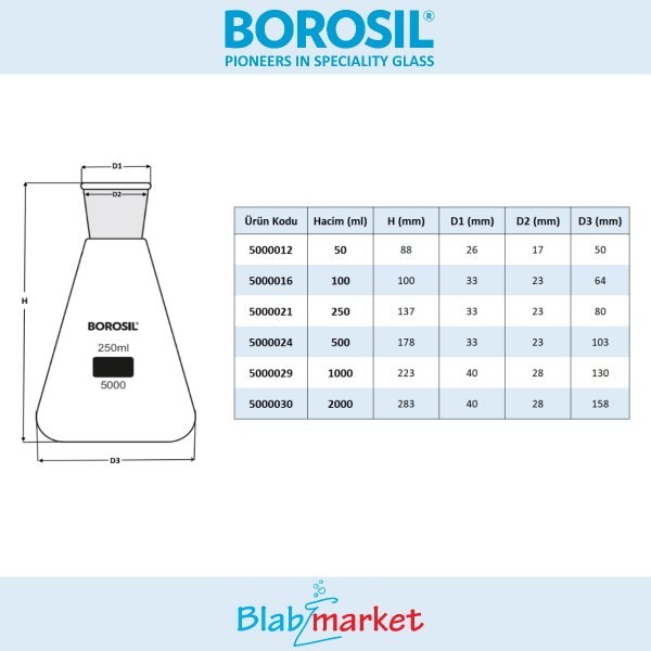 Borosil Cam Erlen Şilifli 500 ml - Erlenmeyer Flask Tıpalı