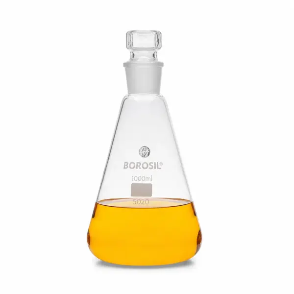 Borosil Cam Erlen Şilifli 1000 ml Cam Tıpalı - Erlenmeyer