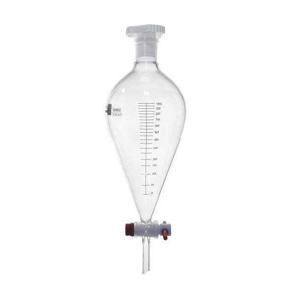 Borox Cam Ayırma Hunisi 1000 ml - Armudi Tip - Teflon Musluklu Tıpalı - Hacim Ölçekli