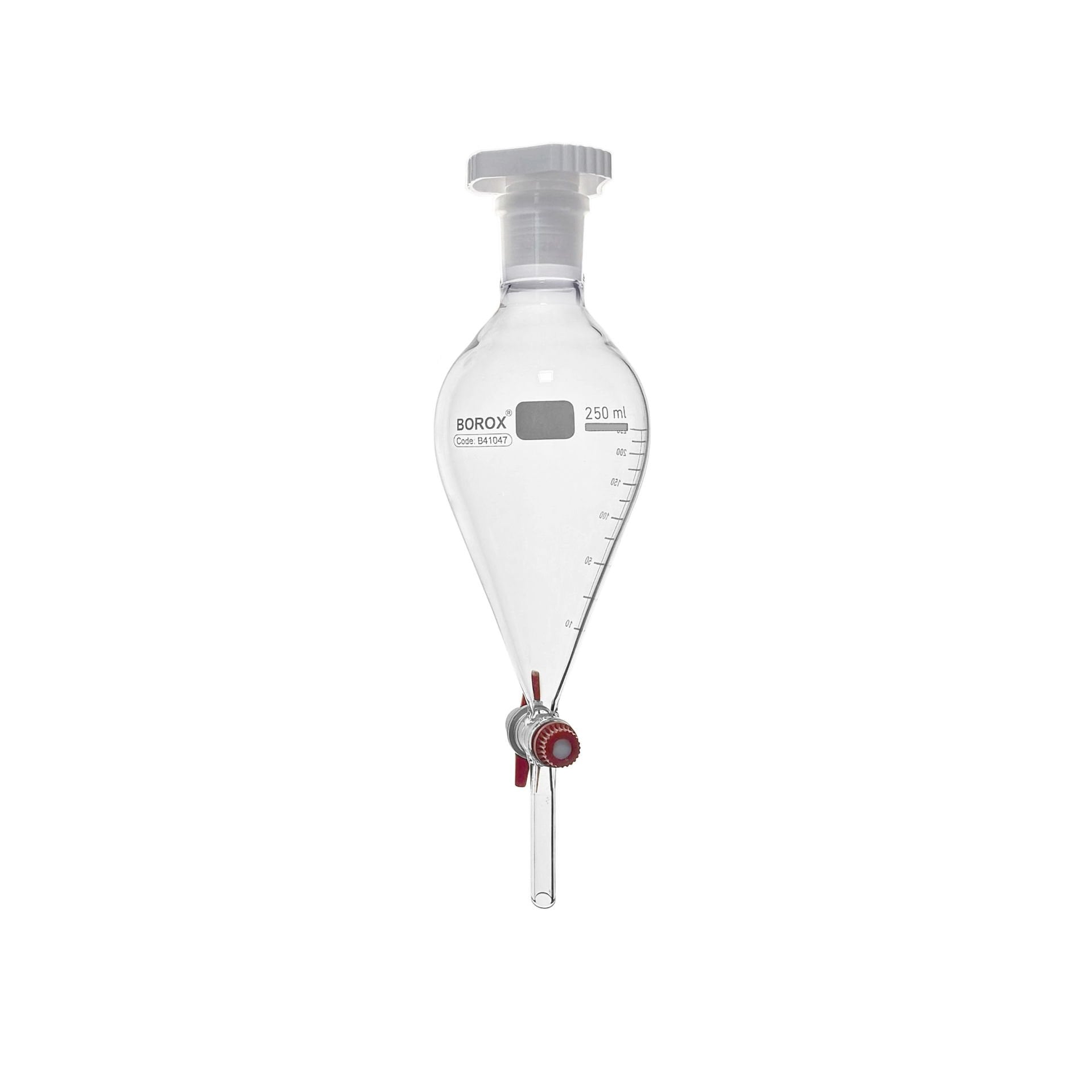 Borox Cam Ayırma Hunisi 250 ml - Armudi Tip - Teflon Musluklu Tıpalı - Hacim Ölçekli