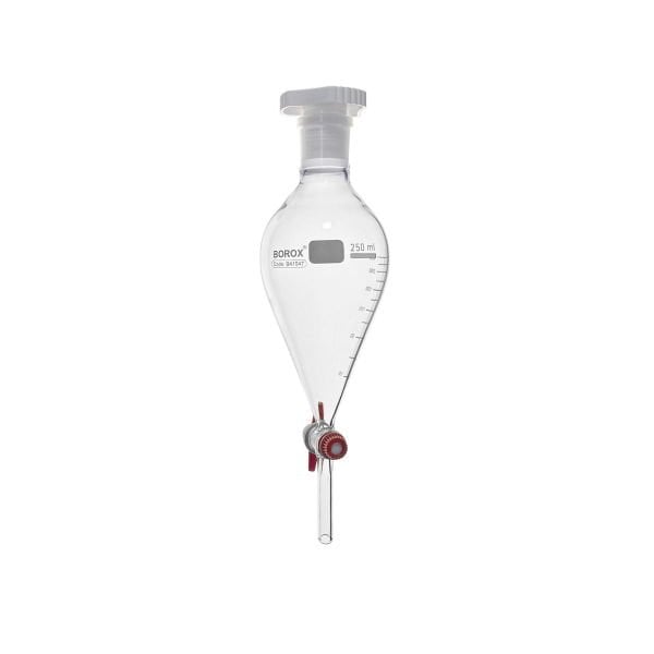 Borox Cam Ayırma Hunisi 250 ml - Armudi Tip - Teflon Musluklu Tıpalı - Hacim Ölçekli