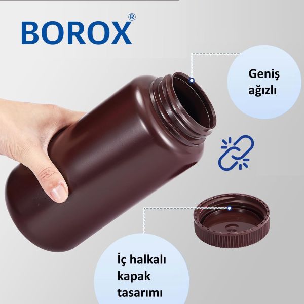 Borox Numune Şişesi 500ml - Vida Kapaklı - HDPE Amber Şişe - Geniş Ağızlı Plastik Şişe