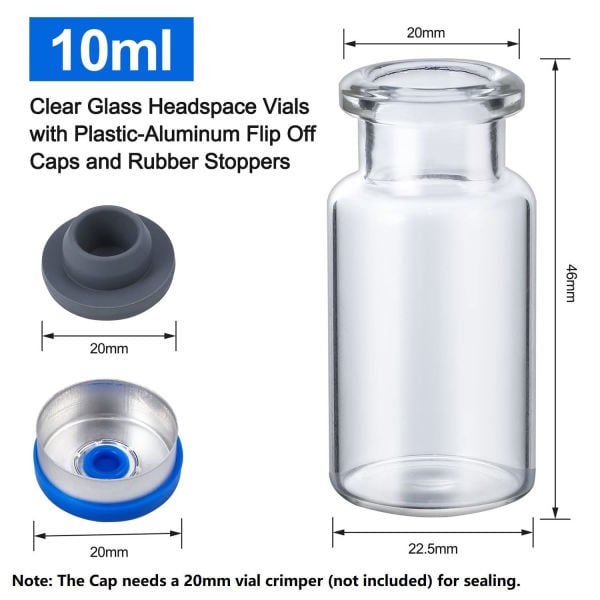 Borox Kapaklı Tıpalı Cam Şişe 10ml - Crimp Vial ND20 - Şeffaf - Dibi Düz - 100 Adet Toptan