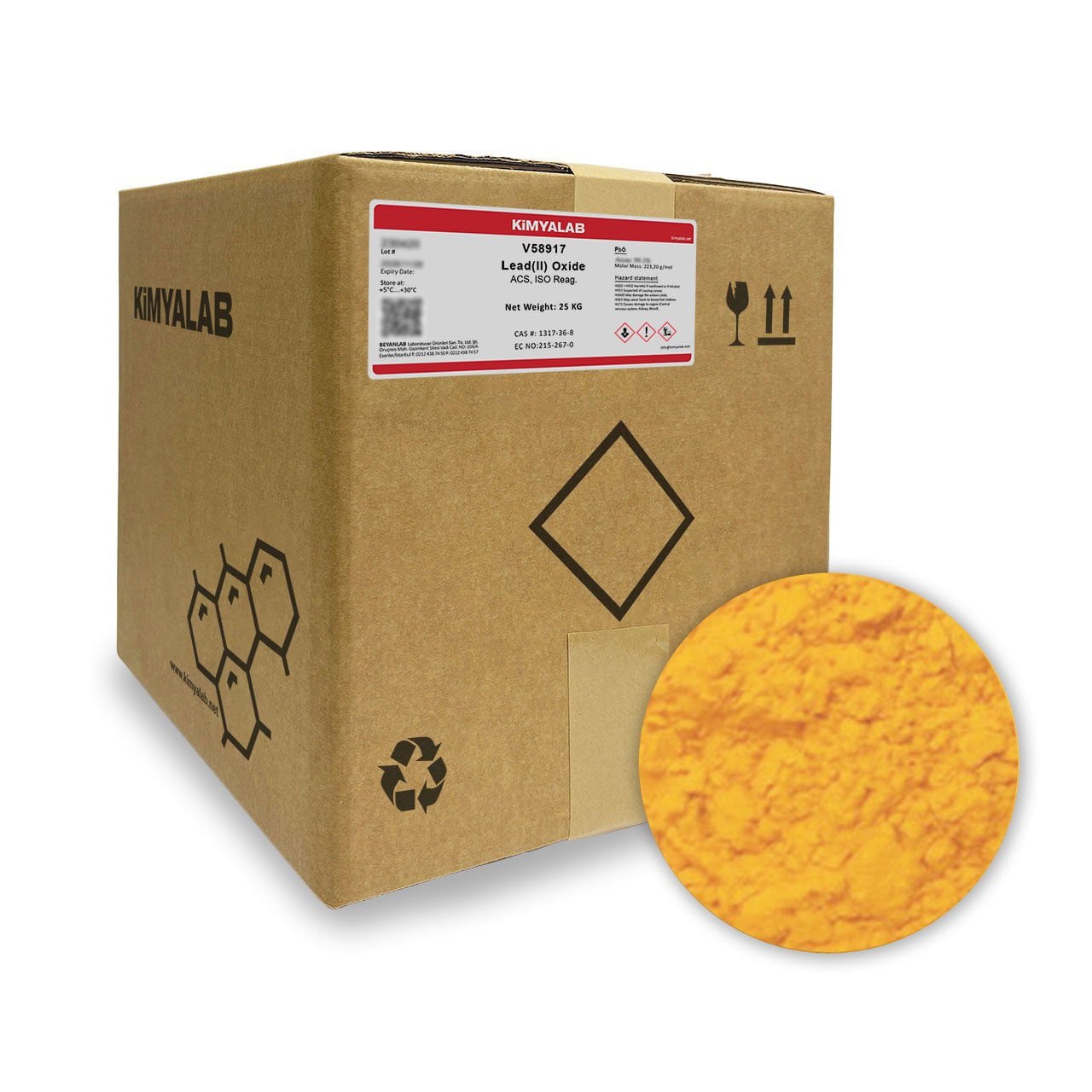 Kimyalab Kurşun Oksit Mürdesenk - Lead II Oxide - PbO %99,5 - Extra Pure - Sarı - 25 Kg-Koli Toptan