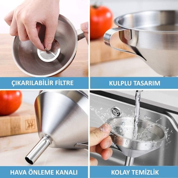 Borox Paslanmaz Çelik Huni Filtreli 130 mm - Kulplu Süzgeçli