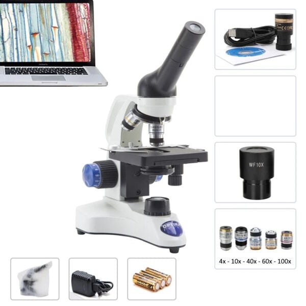 OPTIKA B-20CR LED Dijital Monoküler Mikroskop 1000x - Öğrenci Mikroskobu 4-10-40-60-100x Objektif