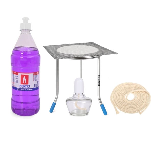 Borox Paslanmaz Çelik Sac Ayak + Amyant Tel 14x14cm - Alkol Lambası + Fitil 1metre + 1 L İspirto Set