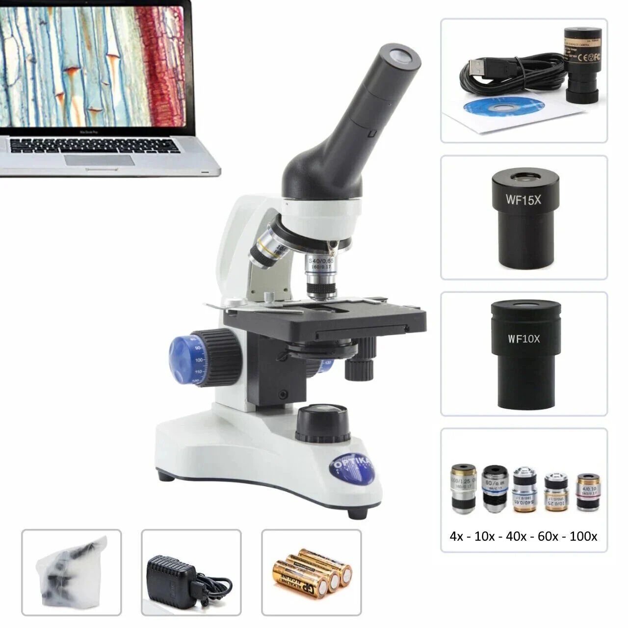 OPTIKA B-20CR LED Dijital Monoküler Mikroskop 1500x - Öğrenci Mikroskobu 4-10-40-60-100x Objektif