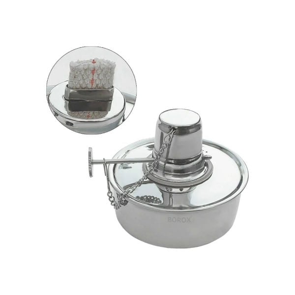 Borox Paslanmaz Çelik Sac Ayak + Amyant Tel 14x14cm - Paslanmaz Çelik Alkol Lambası + Fitil 10 metre + 1 L İspirto Set