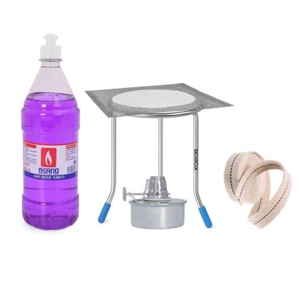 Borox Paslanmaz Çelik Sac Ayak + Amyant Tel 14x14cm - Paslanmaz Çelik Alkol Lambası + Fitil 10 metre + 1 L İspirto Set