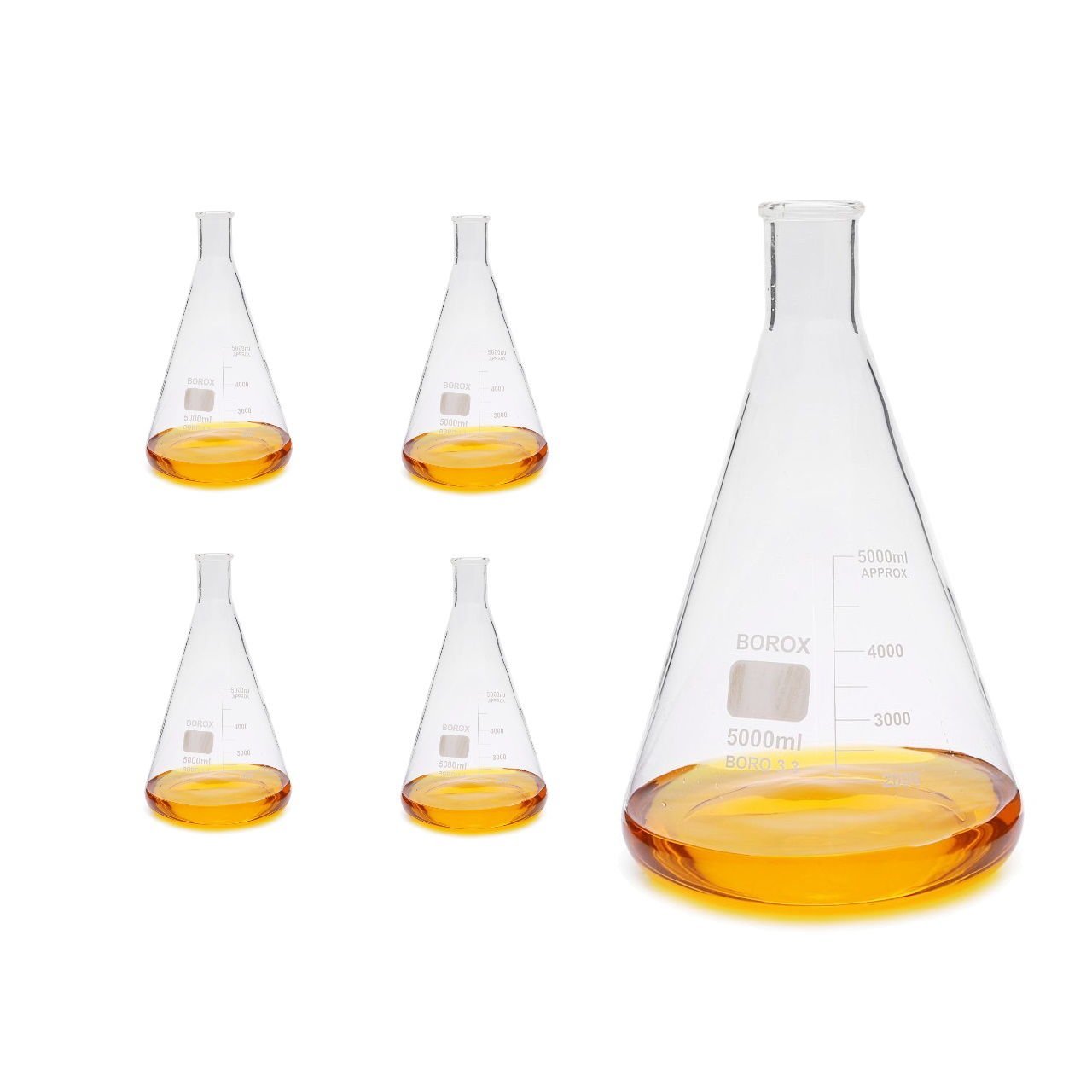 Borox Cam Erlen 5000ml - Dereceli Erlenmeyer Flask Dar Boyun 5L 4 Adet Toptan