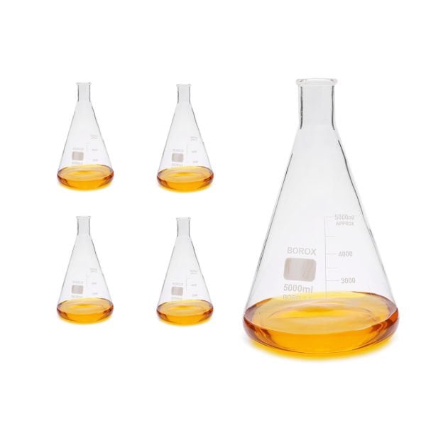 Borox Cam Erlen 5000ml - Dereceli Erlenmeyer Flask Dar Boyun 5L 4 Adet Toptan