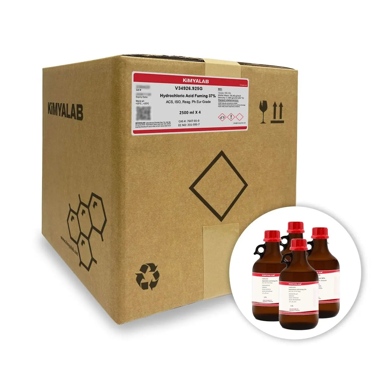 Kimyalab Hidroklorik Asit - Hydrochloric Acid Fuming 37% - 2,5Lx4-Koli Toptan