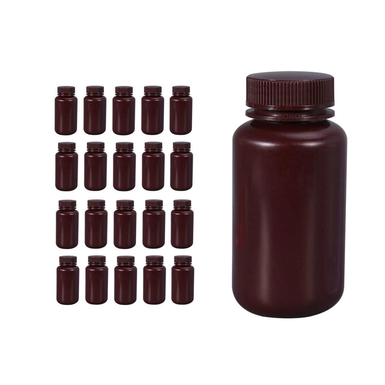 Borox Numune Şişesi 250ml - Vida Kapaklı - HDPE Amber Şişe - Geniş Ağızlı Plastik Şişe - 20 Adet Toptan