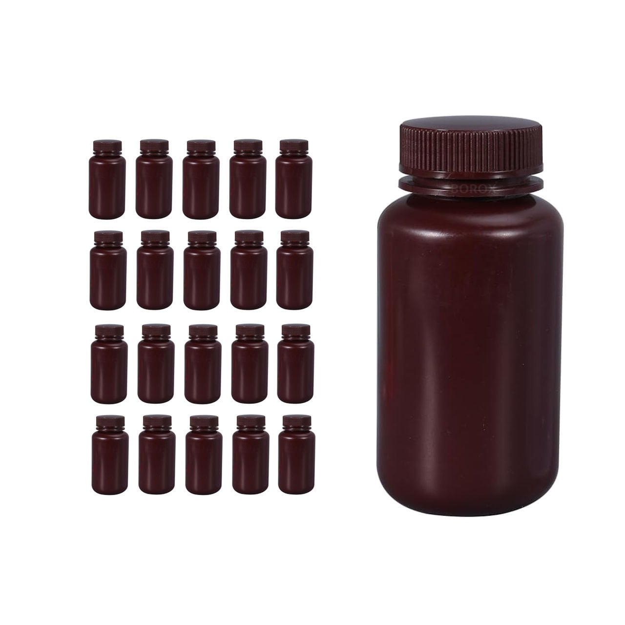 Borox Numune Şişesi 250ml - Vida Kapaklı - HDPE Amber Şişe - Geniş Ağızlı Plastik Şişe - 20 Adet Toptan
