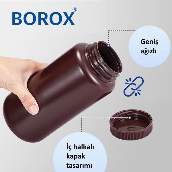 Borox Numune Şişesi 1000ml - Vida Kapaklı - HDPE Amber Şişe - Geniş Ağızlı Plastik Şişe - 12 Adet Toptan
