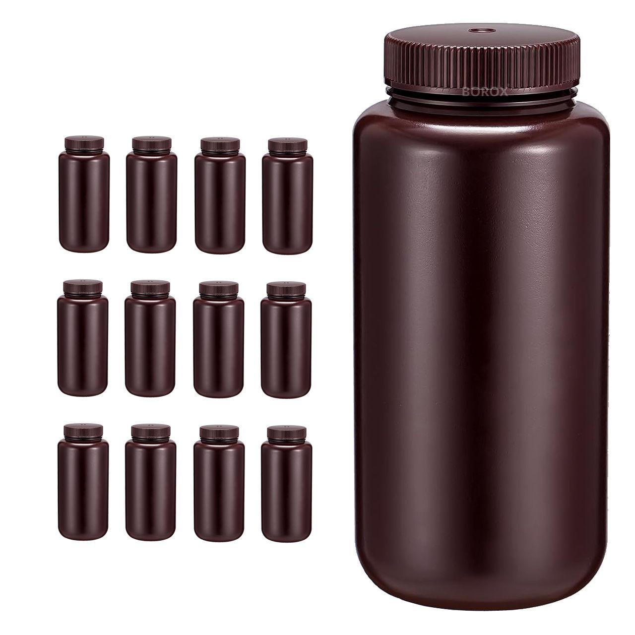 Borox Numune Şişesi 1000ml - Vida Kapaklı - HDPE Amber Şişe - Geniş Ağızlı Plastik Şişe - 12 Adet Toptan