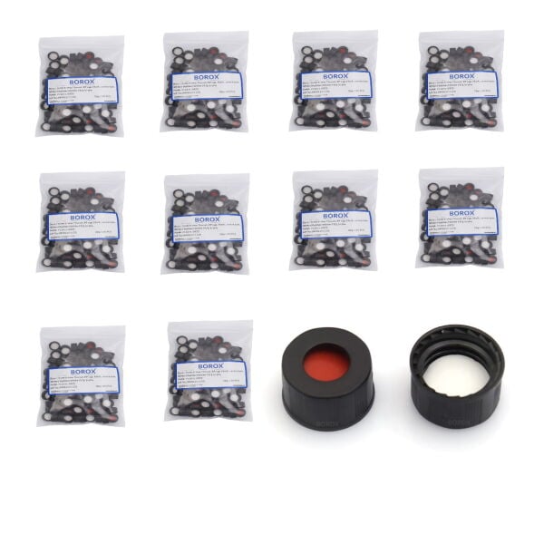 BOROX Yarıksız Siyah Screw Vial Kapağı ND9 - Beyaz PTFE/Kırmızı Silikon Septa - 1000 Adet Toptan
