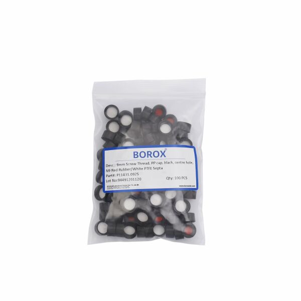 BOROX Yarıksız Siyah Screw Vial Kapağı ND9 - Beyaz PTFE/Kırmızı Silikon Septa - 1000 Adet Toptan
