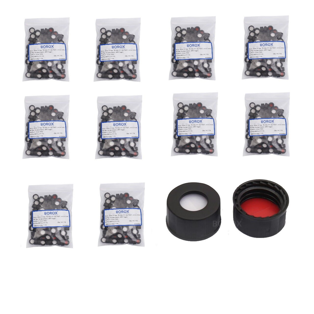 BOROX Yarıklı Siyah Screw Vial Kapağı ND9 - Kırmızı PTFE/Beyaz Silikon Septa - 1000 Adet Toptan