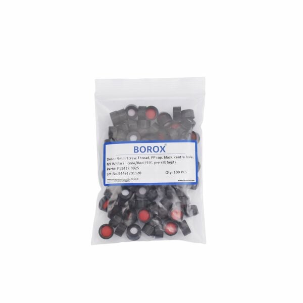 BOROX Yarıklı Siyah Screw Vial Kapağı ND9 - Kırmızı PTFE/Beyaz Silikon Septa - 1000 Adet Toptan