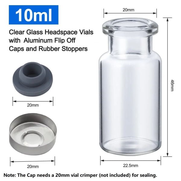 Borox Kapaklı Tıpalı Cam Şişe 10ml - Crimp Vial ND20 - Şeffaf - Dibi Düz - 100 Adet Toptan