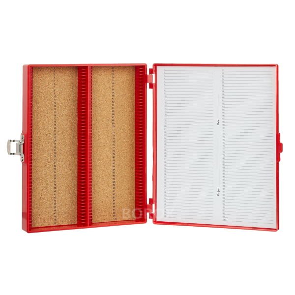 Borox Mikroskop Slide Saklama Kutusu - Mantar Tabanlı 100lü Slayt Kabı - Metal Kilitli - Kırmızı