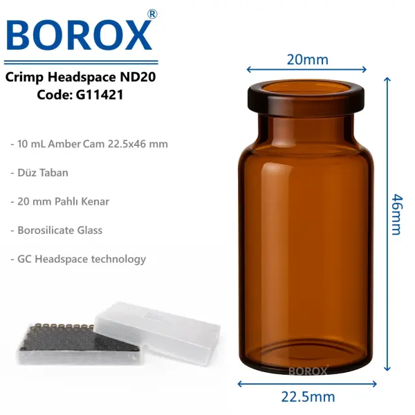 Borox Kapaklı Tıpalı Amber Cam Şişe 10ml - Crimp Vial ND20 - Dibi Düz - 100 Adet/Paket